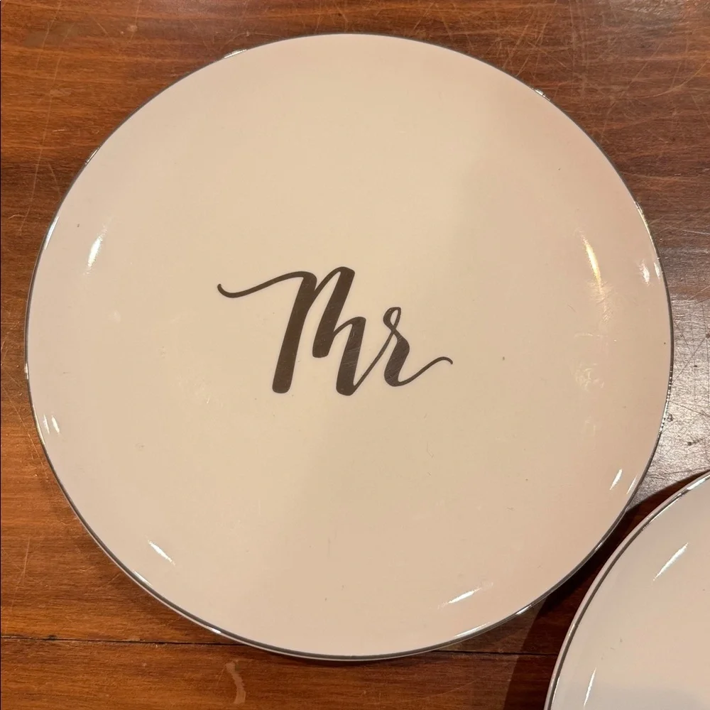 NWT Crate&Barrel Mr. Mrs. 8” Plate Set of 2 Wedding Cake Anniversary Bridal NEW